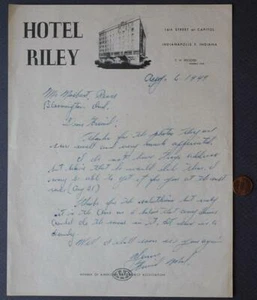 1949 Indianapolis Indiana Hotel Riley Auto Racing content letter Bloomington --- - Picture 1 of 1