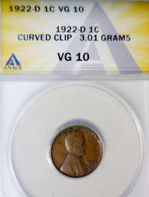 1922d ERROR ANACS VG10 Clipped Lincoln Wheat Cent Coin RARE DATE Clip NR - Image 1 of 4