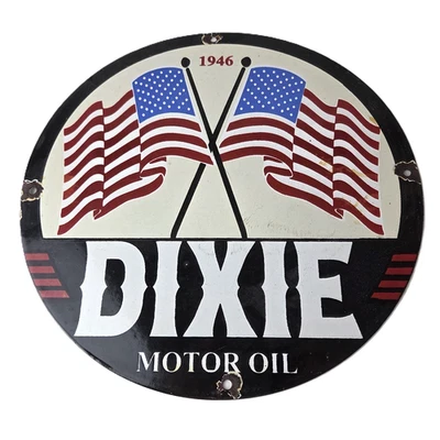 Vintage Dixie Motor Oil Sign - American Flags Service Gas Pump Porcelain Sign - Image 1 of 4