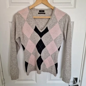 F&F Jumper UK 8 Grey Pink Black Argyle Diamond 100% Cashmere - Picture 1 of 12