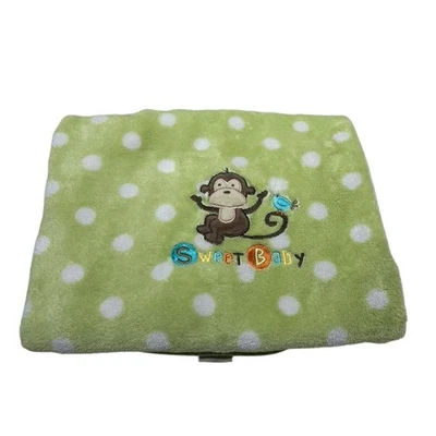 Garanimals Green White Polka Dot “Sweet Baby” Monkey Bird Fleece Blanket - Image 1 of 4