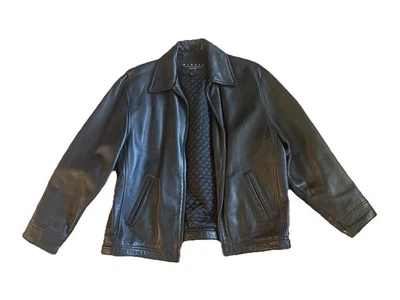 Jaqueta de couro preta masculina Winlet New York grande forro de colcha bombardeiro motociclista - Imagem 1 de 4