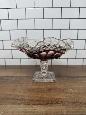 Vtg Westmoreland Glass Compote Crystal w/ Ruby Stain Ruffled Crimped High footed - Image 1 of 4