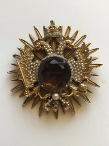 DE COLECCIÓN BROCHE RUSO DOBLE CABEZA ÁGUILAS PERLAS PIEDRA TURQUESA TONOS DORADOS - Imagen 1 de 16
