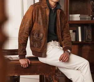 Men’s Vintage Distressed Real Leather Jacket Tan Aviator Style Bomber Jacket - Picture 1 of 8