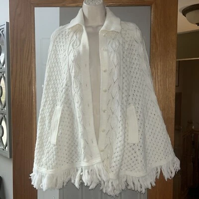 Vintage Hightpoint White Sweater Poncho Cape Knit Fringe Retro Grandma - Image 1 of 4