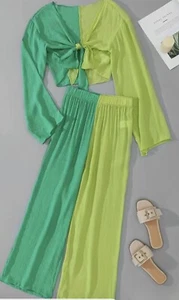 Color Block Matching Two Piece Ser Green M  Crop Top Pants - Picture 1 of 4