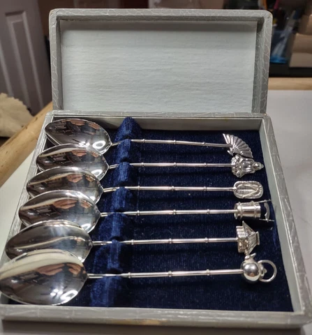 Vintage Japanese Sterling Spoons Bamboo Motif Hinged Box Each w/Different Charm Cover