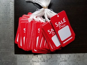 100 Strung Red White Sale Price Tags Merchandise Garment Hang Coupon Large - Picture 1 of 11