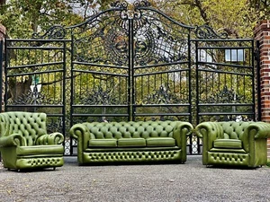 Vintage English Green Leather Chesterfield sofa And Club Chairs - Picture 1 of 24