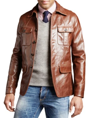 New Men's Genuine Lambskin Leather Blazer Slim Fit Motorcycle brown Jacket - Image 1 of 4