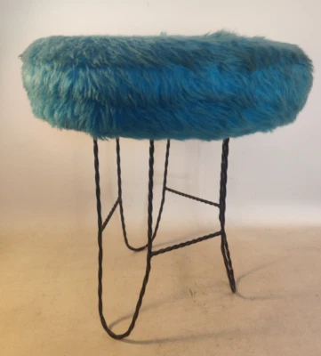 DDR Fellhocker Plüschhocker Schminktischhocker Hocker Sitzmöbel blau um 1960 - Bild 1 von 4