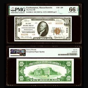 PMG 66 1929 Easthampton, MA - Ty. $10 2 The First National Bank Ch. # 428 - Imagen 1 de 3