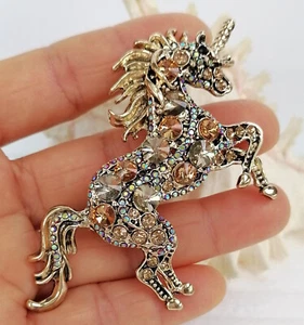 Charming Unicorn Horse Brooch Pin Beige Brown Rhinestone Crystal Pendant 06172C5 - Picture 1 of 4