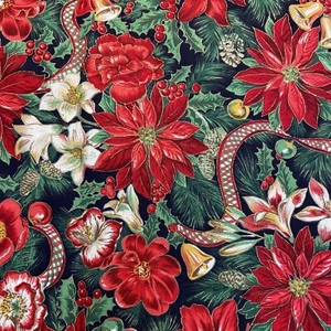 Cranston Fabric Material Christmas Poinsettia Bell Ribbon  Amaryllis BTY - Picture 1 of 8