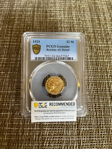 1929 $2.5 Gold Indian.  Genuine Gold Coin.  PCGS AU Detail Cover