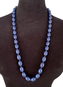 Vintage Marbled Navy Blue Statement Necklace Beads Gold Toned Ring Clasp Long - Picture 1 of 6