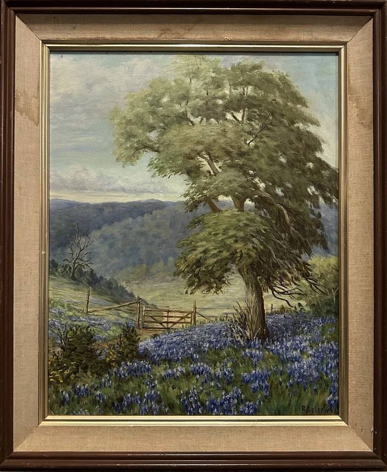Pintura Robert DeLeon Texas Hill Country Blue Bonnets años 80 Ladybird Johnson Foto 1 de 2