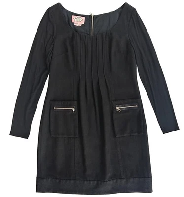 Phoebe Couture Tunic Sheath Wool Mini Long Sleeve Zip Back Pleated Black Sz 6 - Image 1 of 4