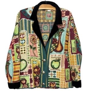 Vintage BEMALTES PONY Gobelin Jacke Samtbesatz Obst Blumen Kunst One Size - Bild 1 von 14