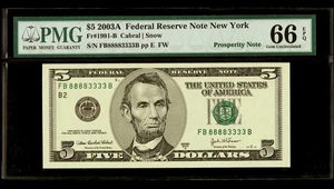 $5 Fancy Serial Number DOUBLE QUAD Prosperity Note PMG 66 EPQ Serial # 88883333 - Picture 1 of 2