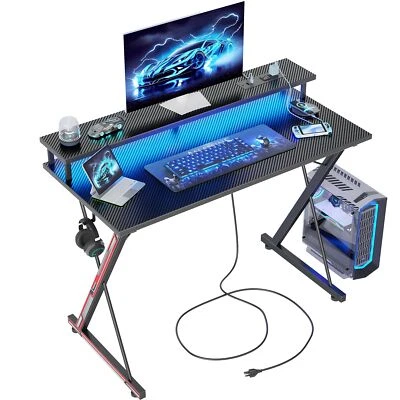 Gaming Schreibtisch mit LED Steckdosen - 100x50cm Modern Gamer Tisch Ergonomisch... - Bild 1 von 4