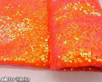 Iridescent Neon Orange Mini Sequin Fabric By The Yard on Mesh Fabric - Image 1 of 4