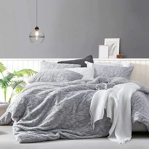 Nuovo set 3 pezzi piumino reversibile morbido grigio pelliccia sintetica peluche pile King Queen - Foto 1 di 4