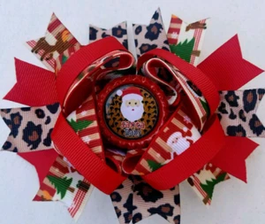 Santa Baby Red Brown Green Leopard Animal Print Bottle Cap Hair Bow 5" - Picture 1 of 2