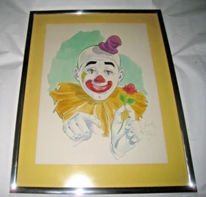 Original Aquarell Happy Clown mit Rose signiert Fedorsky 70 New Orleans 19,5/25 - Bild 1 von 8