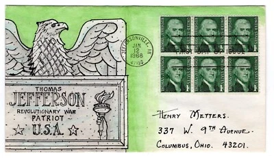 #1278 Jefferson 1c FDC 1968 - Herman Maul Hand-Painted Prominent Americans - Image 1 of 2