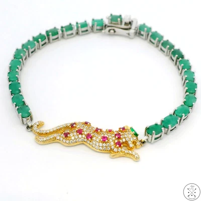 New Sterling Silver Tennis Bracelet 8.25 Inch with Natural Emerald Panther - Image 1 of 4