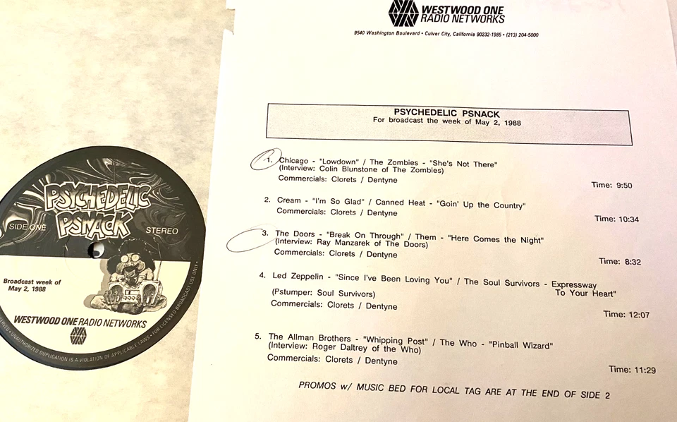 5/2/88 PSYCHEDELIC PSNACK RADIO SHOW, 5 MINI SHOWS (9 TO 15 MIN) & INTERVIEWS - Image 1 of 1