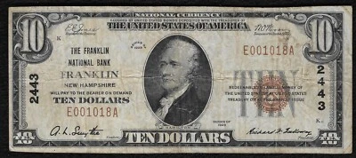 1929 $10 CH#2443 The Franklin National Bank of Franklin NH Only 18 Small Size"VF - Image 1 of 2