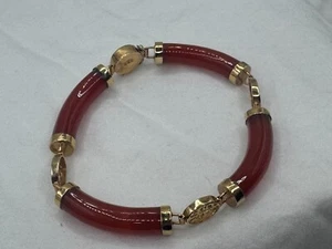 Vintage Yellow Gold Plated Curved Red Jade Tennis Bracelet Chinese Character - Picture 1 of 8