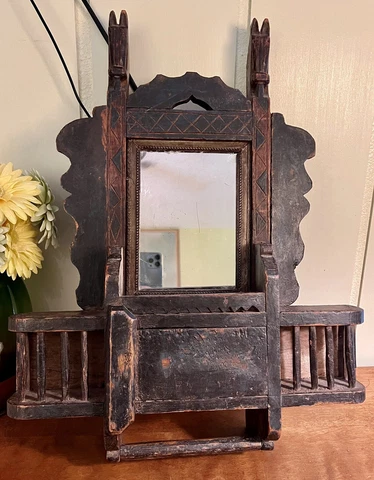 Antique Old Vintage Hand Carved Wood Horse Head Shaving Jharokha Mirror Cabinet Cover