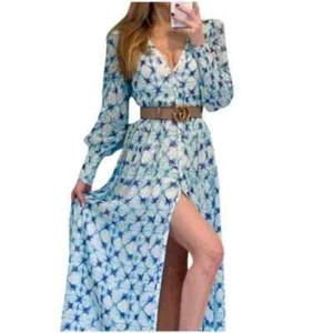 ROCOCO VALNA V-NECK BLUE METALLIC RUFFLE MULTI-COLOR MAXI DRESS SIZE X/SMALL - Picture 1 of 12