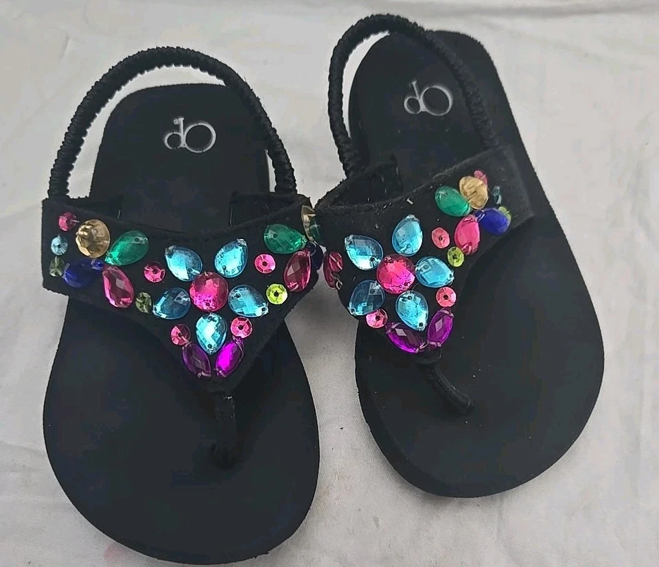 Toddler Girls Op Black Flip Flops with Rhinestones Gems Flowers Ankle Strap 9-10 - Image 1 of 4