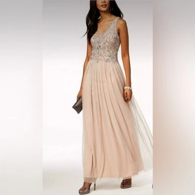 Nuevo con etiquetas Vestido Adrianna Papell Talla 8 Beige y Plateado Tul Encaje Maxi Vestido Foto 1 de 4