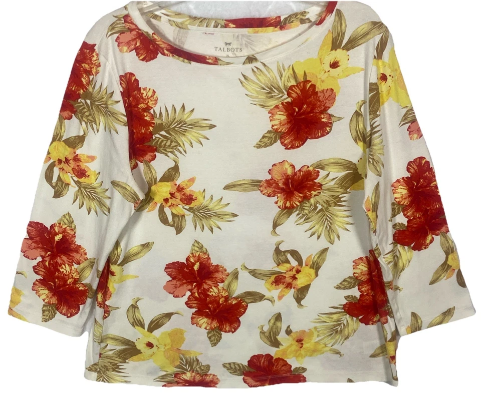 Женская блуза Talbots размер XL топ длинный slv красный гибискус цветочный круглый вырез - Изображение 1 из 4