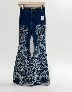 NWT free People Just Float On Wide Leg Flare Painted Floral Jeans - Picture 1 of 8