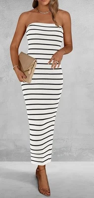 BTFBM Women Black&white Bodycon Maxi Size XXL Tube Top Dress Ribbed Stretch - Image 1 of 4