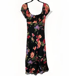 Vintage Logic Maxi Dress Womens 8 90s Y2K Black Floral Milkmaid Sheer Chiffon - Picture 1 of 10