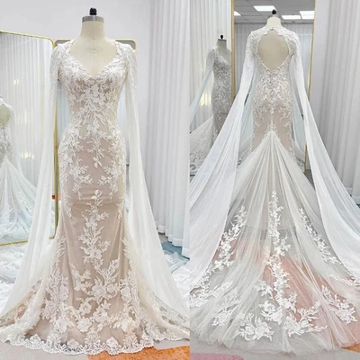 Vestidos de novia sirena champán con capa espalda abierta barrido tren vestidos de novia Foto 1 de 4
