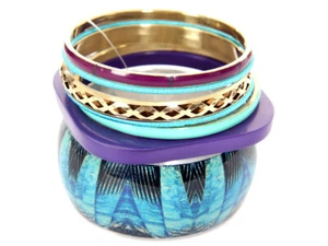 Women's Fashion Turquoise & Purple Printed Wide Cuff Bangle Bracelet Purple/Blue - Picture 1 of 1