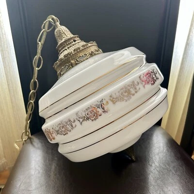 Retro 1974 Regency Fancy White & Gold Glass Vintage Pendant Light Swing Lamp - Image 1 of 4