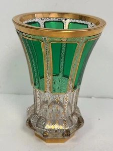 Vintage Moser Bohemian Green Crystal? Vase Glass 6" H w/Gold Gilt Czech - Picture 1 of 8