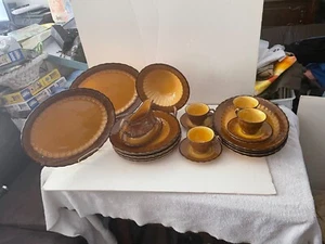 Set of (18) Vernon Ware Metlox San Fernando Gold Brown Dinner Plates Cups Saucer - Picture 1 of 8