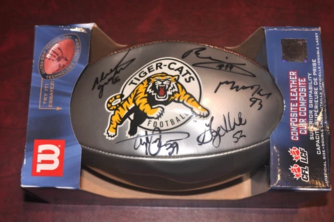 Wilson CFL football SIGNED by 5 Hamilton Ticats players in 2009, New In Box NIB Cover