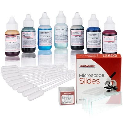 AmScope Vital Living Cell Stain Kit with 72 Microscope Slides, Stains, Pipettes